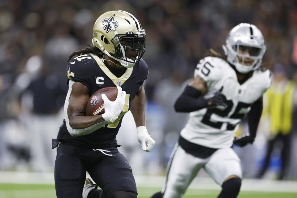 Alvin Kamara posted the best fantasy game by a running back this season in Sunday's win over the Raiders. (AP Photo/Rusty Costanza)