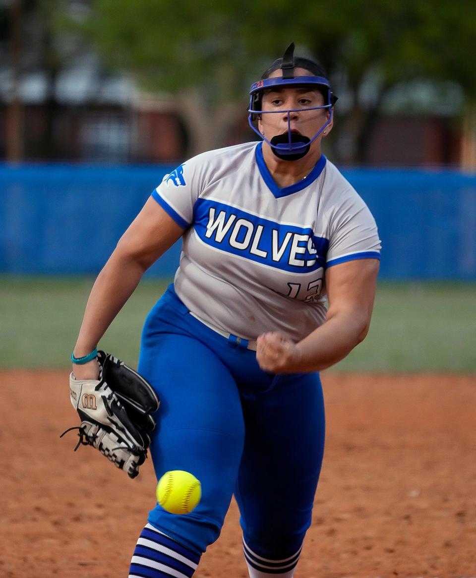 Deltona pitcher Christina Ortiz throws during a game with Lake Howell at Deltona High School in Deltona, Thursday, March 7, 2024.