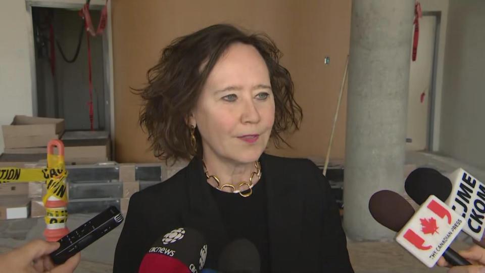 Justice Minister Bronywn Eyre speaks Monday in Regina at an announcement of $42.6 million in funding for community-based organizations that provide help to those suffering from abuse.