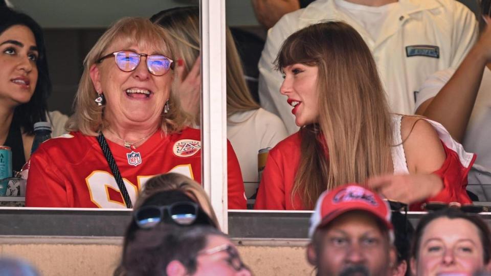 Singer Taylor Swift watches the Kansas City Chiefs take on the Chicago with the mother of Kansas City tight end Travis Kelce, Donna Kelce Sunday, Sept. 24, 2023, at GEHA Field at Arrowhead Stadium.