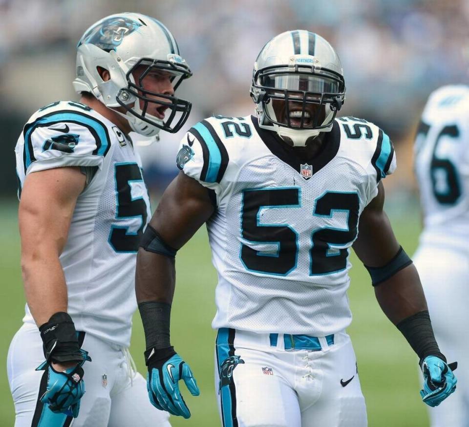 Former Carolina Panthers linebacker Jon Beason (52) was the first big-name player shown the door by general manager Dave Gettleman, after the team drafted Luke Kuechly (59). Beason calls that move a smart business decision, but is less complimentary about more recent Gettleman moves.