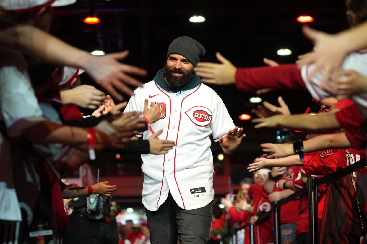 Cincinnati Reds first baseman Joey Votto is introduced during Redsfest