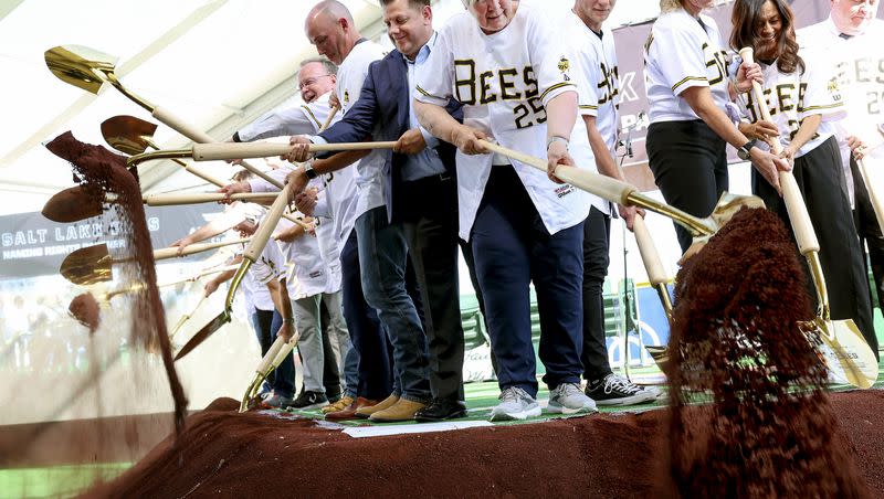 Dirt is thrown at the groundbreaking event of the new Salt Lake Bees ballpark and Phase 1 of Downtown Daybreak in South Jordan on Oct. 19, 2023. The new stadium could also provide a temporary home for the Oakland Athletic MLB franchise.