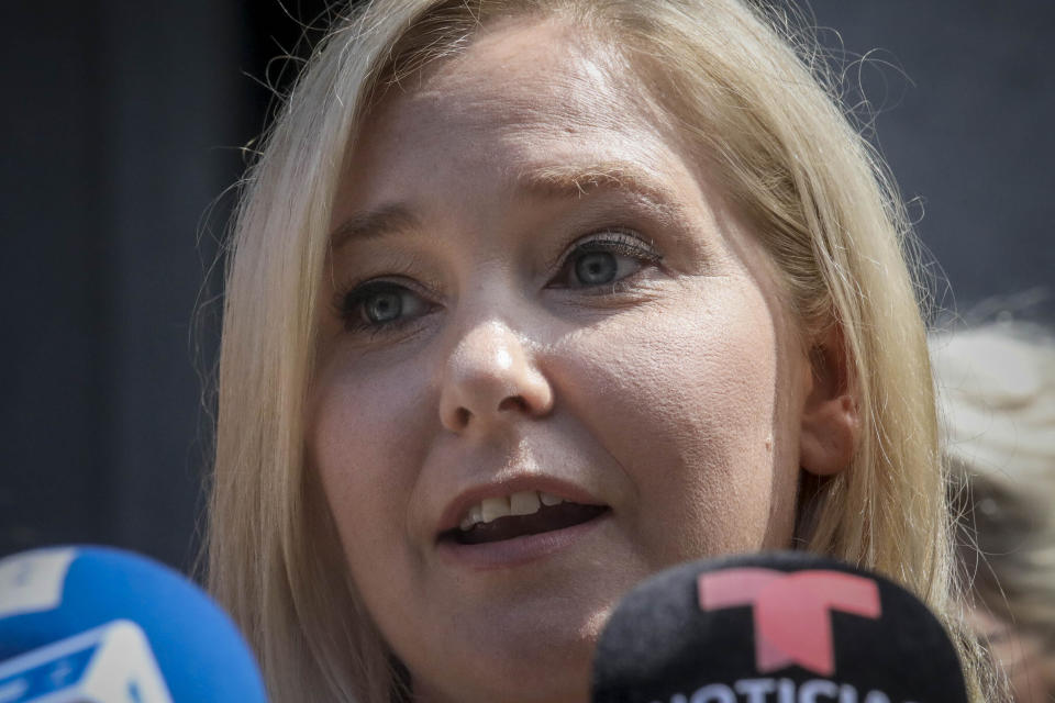 FILE - Virginia Roberts Giuffre, a sexual assault victim, speaks in New York, July 2, 2020. Social media is abuzz with news that a judge is about to release a list of "clients," or "associates" or maybe "co-conspirators," of Jeffrey Epstein, the jet-setting financier who killed himself in 2019 while awaiting trial on sex trafficking charges. While some previously sealed court records are indeed being made public, the great majority of the people whose names appear in those documents are not accused of any wrongdoing. (AP Photo/Bebeto Matthews, File)