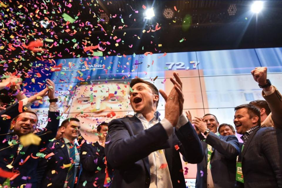 Then-presidential candidate Volodymyr Zelensky reacts after the announcement of the first exit poll results in the second round of Ukraine's presidential election at his campaign headquarters in Kyiv, Ukraine, on April 21, 2019. (Genya Savilov/AFP via Getty Images)