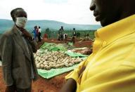 Workers unearth remains from a mass grave in Nyamirambo, close to Kigali, containing the remains of at least 32,000 people in Rwanda in 2000