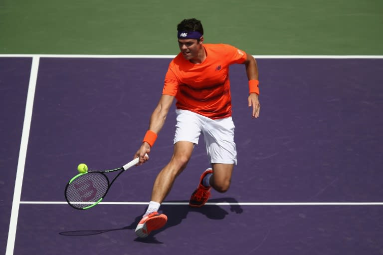 Milos Raonic of Canada is seen in action against Viktor Troicki of Serbia March 24, 2017