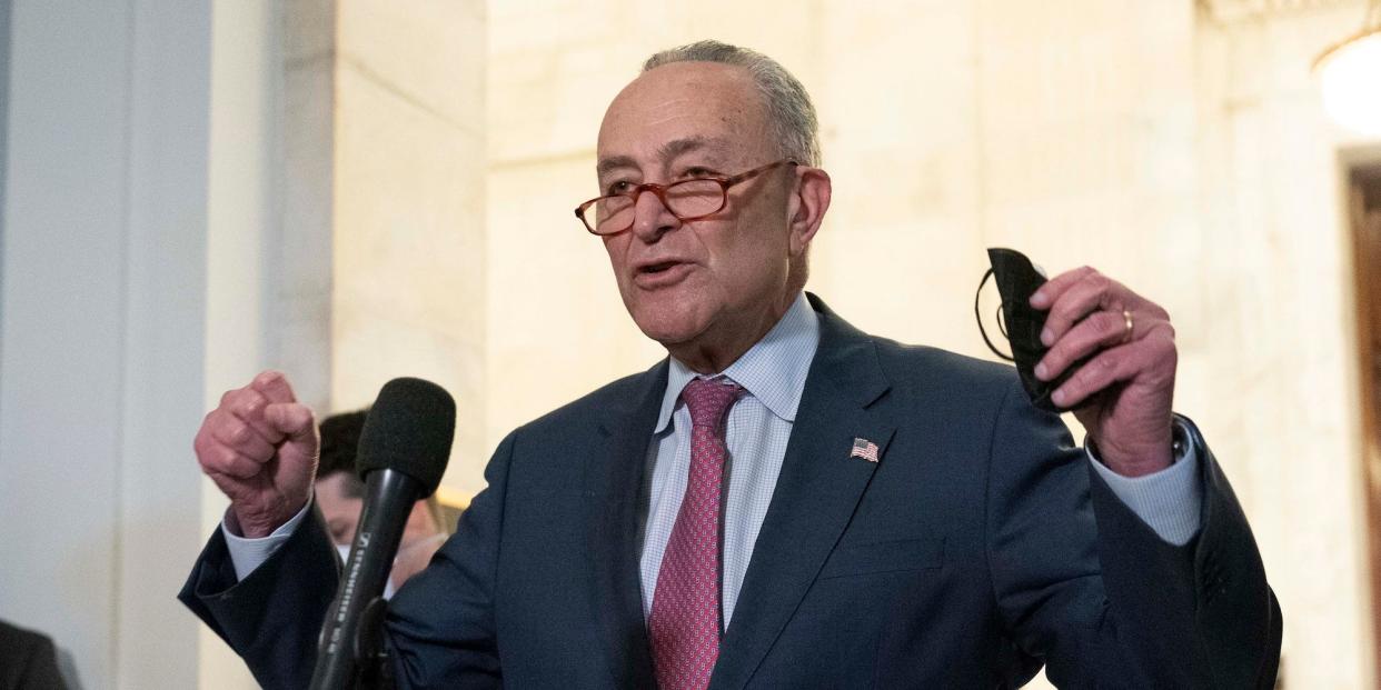 Senate Majority Leader Chuck Schumer, D-NY, speaks to the media after Senate Democrats met privately with President Joe Biden, Thursday, Jan. 13, 2022, on Capitol Hill in Washington