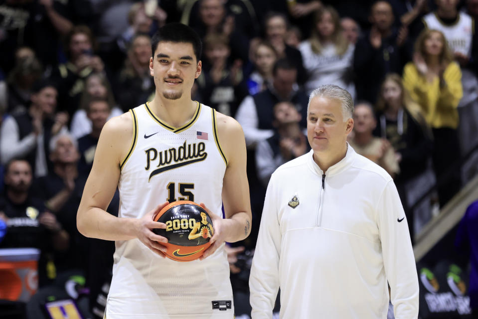 Zach Edey is honored in January after scoring his 2,000th career point. (Justin Casterline/Getty Images)