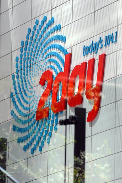 This file photo, taken on December 8, 2012, shows 2Day FM radio station signage displayed at the station's building at World Square in Sydney. Death threats have been made against the Australian radio hosts involved in the royal prank call tragedy, police said on Friday, with station management reportedly moving some staff to safehouses