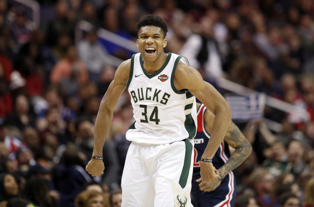 Giannis Antetokounmpo pulled off yet another amazing play Tuesday night. (AP Photo)