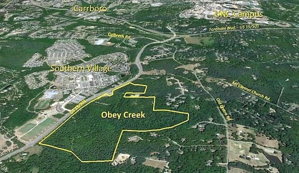 Obey Creek was slated for 120 acres across U.S. 15-501 from the Southern Village neighborhood, just south of UNC’s campus and UNC Hospitals in Chapel Hill.