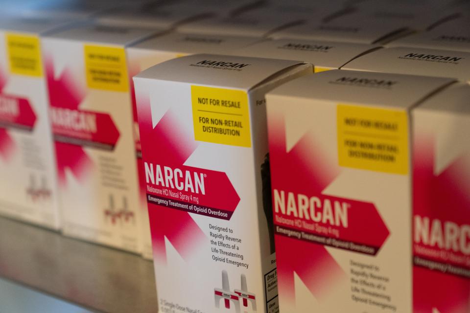 Boxes of Narcan are stocked in a Save-a-Life Station that will be placed in Topeka.