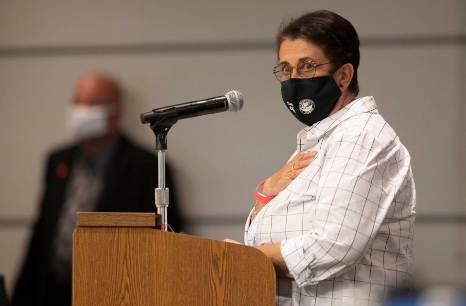 County health director Dr. Alina Alonso addresses the school board at school district headquarters in West Palm Beach on Sept. 16, 2020.