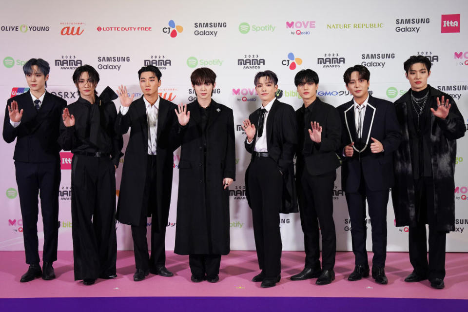 TOKYO, JAPAN - NOVEMBER 29: (EDITORIAL USE ONLY) Hong-joong, Seong-hwa, Yun-ho, Yeo-sang, San, Min-gi, Woo-young and Choi Jong-ho of boy band ATEEZ attend the 2023 MAMA AWARDS at Tokyo Dome on November 29, 2023 in Tokyo, Japan. (Photo by Christopher Jue/Getty Images)