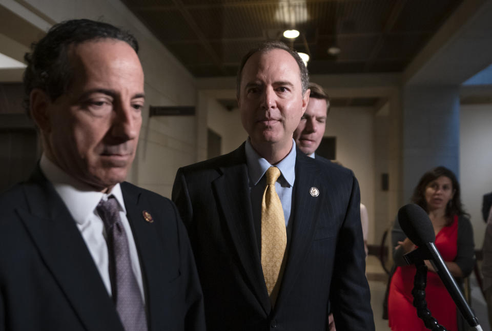 From left, Rep. Jamie Raskin, D-Md., House Intelligence Committee Chairman Adam Schiff, D-Calif., and Rep. Eric Swalwell, D-Calif., return to a secure area at the Capitol after informing reporters that former deputy national security adviser Charles Kupperman failed to appear to be interviewed in the impeachment inquiry of President Donald Trump, in Washington, Monday, Oct. 28, 2019. House Democrats are trying to determine if Trump violated his oath of office by asking a foreign country, Ukraine, to investigate his political opponent, former Vice President Joe Biden, and his son Hunter Biden. (AP Photo/J. Scott Applewhite)