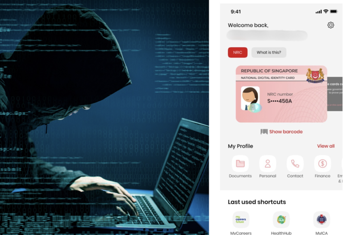 A cyber criminal (left) and screenshot of generic Singpass shared to scammers by 78 people under police investigation
