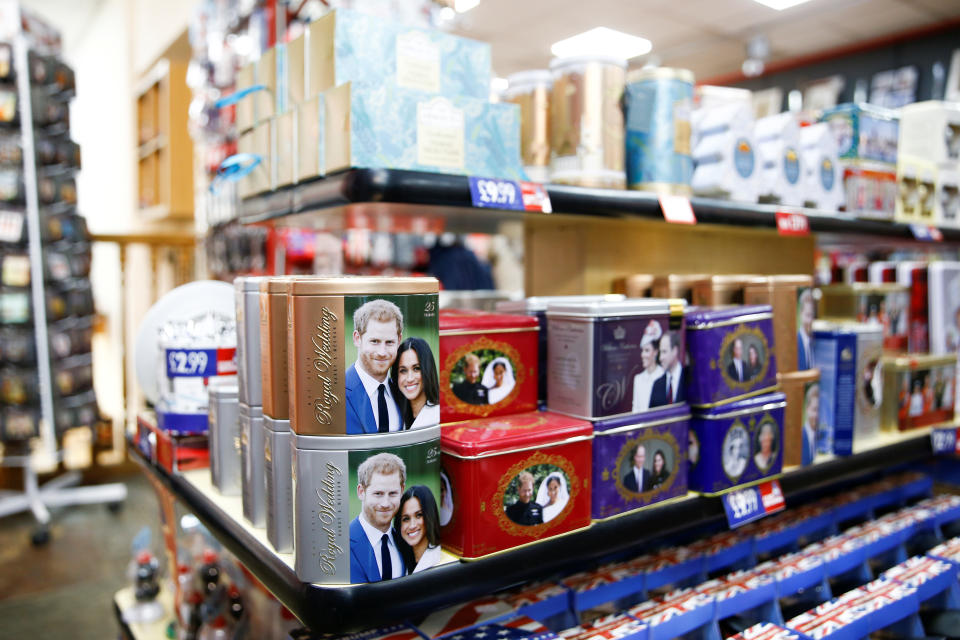 Merchandise depicting Britain's Prince Harry and Meghan, Duchess of Sussex, are seen on display in a souvenir shop near Buckingham Palace in London