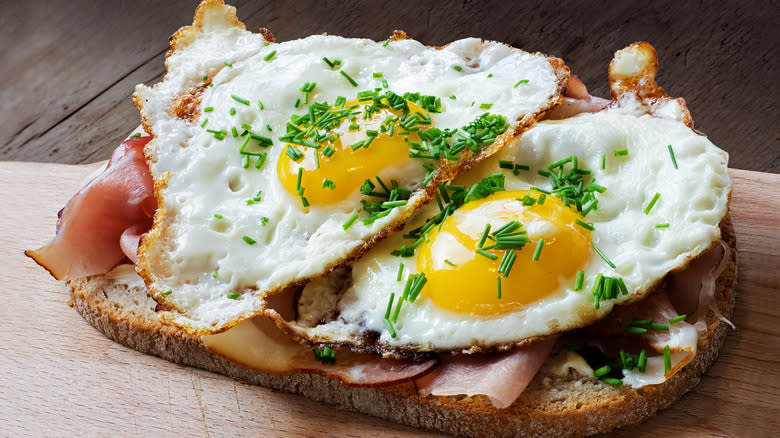 open-faced ham and egg sandwich