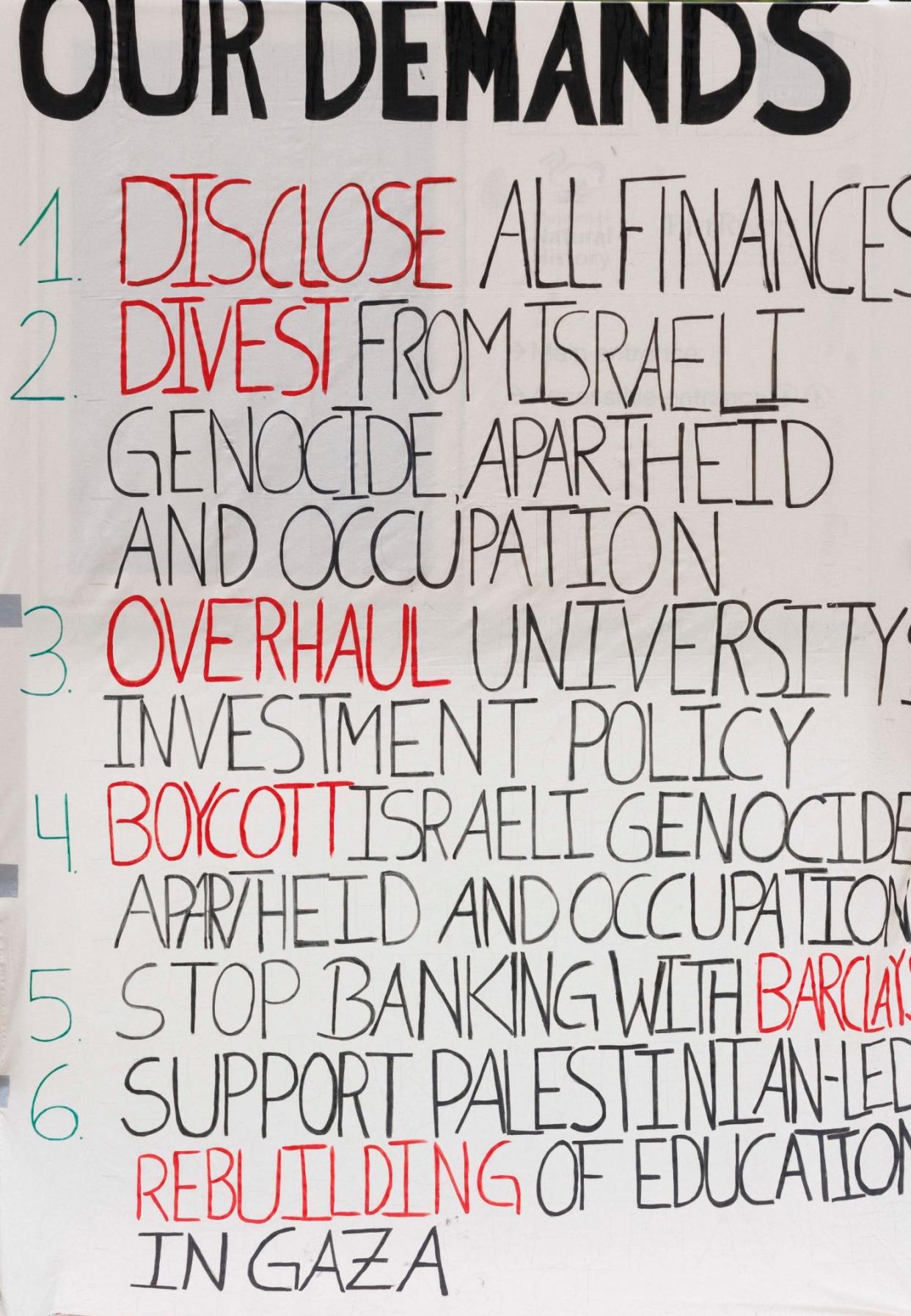 A list of demands at the Gaza Solidarity Encampment at Oxford University