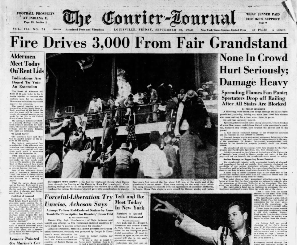 The Sept. 12, 1952 edition of The Courier Journal recaps a harrowing fire in the grandstand that caused 3,000 people to
