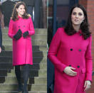 <p><strong>When: Jan.16, 2018</strong><br>Kate marked the occasion in a recycled hot pink Mulberry coat — <a rel="nofollow" href="https://ca.style.yahoo.com/kate-middletons-top-pregnancy-style-slideshow-wp-155058412/photo-p-strong-march-27-2015-photo-155058515.html" data-ylk="slk:a coat she has worn previously;elm:context_link;itc:0;sec:content-canvas;outcm:mb_qualified_link;_E:mb_qualified_link;ct:story;" class="link  yahoo-link">a coat she has worn previously</a> while pregnant with George and then Charlotte. She was last seen in the £1,500 ($2,563 CAD) coat in March 2015 while touring the Stephen Lawrence Centre in Deptford, London — it was her final public appearance before giving birth to her daughter. <em>(Photos: Getty)</em> </p>