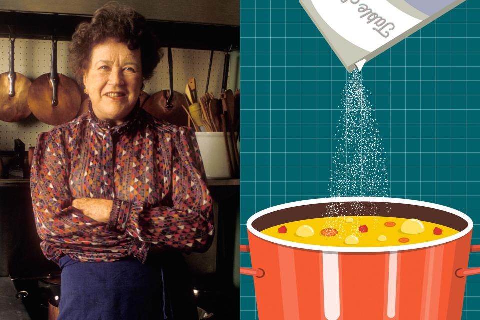 A portrait of Julia Child next to an illustration of a pot of soup with salt pouring into it