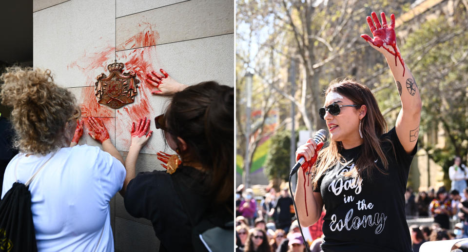 Protestors, including Greens Senator for Victoria Lidia Thorpe, smeared fake blood across their hands at the Melbourne rally. Source: AAP