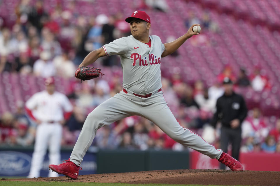 Philadelphia Phillies starting pitcher Ranger Suárez throws in the first inning of a baseball game against the Cincinnati Reds, Monday, April 22, 2024, in Cincinnati. (AP Photo/Carolyn Kaster)