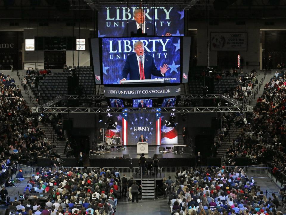 Trump delivers the convocation speech at Liberty University in Lynchburg, Virginia on January 18, 2016.