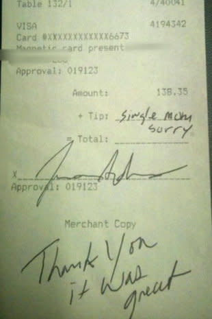 <div class="caption-credit"> Photo by: Reddit</div><div class="caption-title">Can single moms skip the tip?</div>Some Shine readers were up in arms after reading about a waitress whose customer <a href="http://shine.yahoo.com/work-money/single-mom-sorry-ever-ok-leave-excuse-instead-165700123.html" data-ylk="slk:left her a note instead of a tip;elm:context_link;itc:0;sec:content-canvas;outcm:mb_qualified_link;_E:mb_qualified_link;ct:story;" class="link  yahoo-link">left her a note instead of a tip</a>. "Single mom, sorry," it said. "Thank you it was great." <br> <br> "For shame," wrote "Dana." "For all we know that server is also a single mom." Others thought it had to be a fake. <br> <br> "I don't believe it," wrote "PW." "The writing style is completely different, any letters that are the same between the two are written in completely different ways."