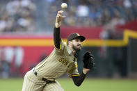San Diego Padres starting pitcher Dylan Cease throws against the Arizona Diamondbacks during the first inning of a baseball game Friday, May 3, 2024, in Phoenix. (AP Photo/Ross D. Franklin)