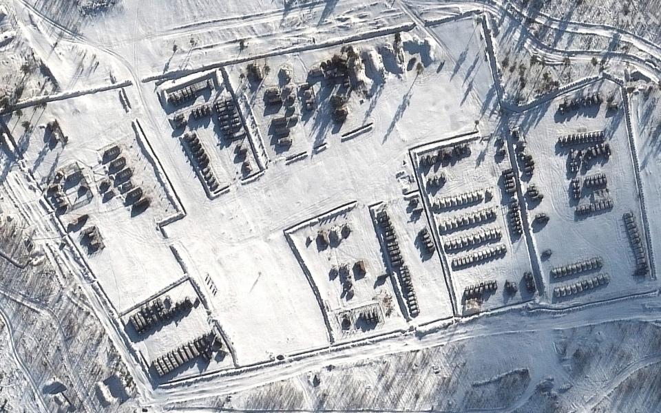 A satellite image shows a closer view of Russian tanks and artillery tents at Pogonovo training area - REUTERS