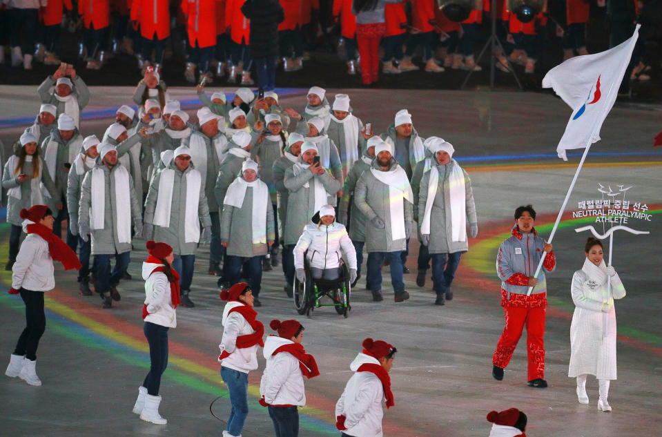 PYEONGCHANG, SOUTH KOREA  MARCH 9, 2018: Neutral Paralympic Athletes (NPA) during the parade of athletes at the Opening Ceremony of the 2018 Winter Paralympic Games at PyeongChang Olympic Stadium. Vladimir Smirnov/TASS (Photo by Vladimir Smirnov\TASS via Getty Images)