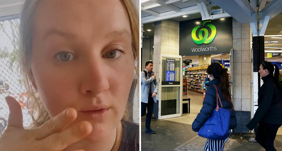 A photo of a woman talking. Another photo of the outside of Woolworths.