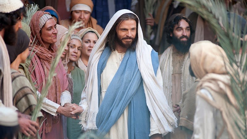 Jesus Christ's triumphant return to Jerusalem is depicted in this image from the Bible Videos of The Church of Jesus Christ of Latter-day Saints.