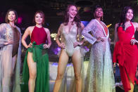 (L-R) Top 10 finalists of the 2019 Miss Universe Singapore Mia Chow, Nerrine Ng, Valencia Quah, Mohanaphraba and Lynette Chua competing in the swimwear segment.