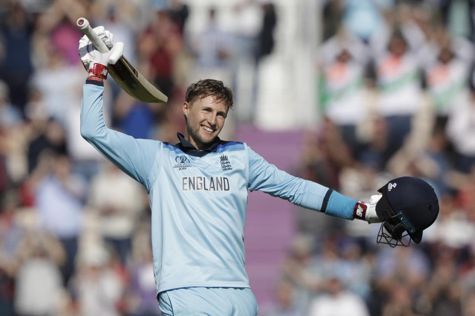 England's Joe Root celebrates his century during the Cricket World Cup match between England and West Indies at the Hampshire Bowl in Southampton, England, Friday, June 14, 2019. (AP Photo/Matt Dunham)