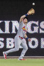 St. Louis Cardinals center fielder Conner Capel catches a fly from Philadelphia Phillies' Nick Castellanos during the fourth inning of a baseball game, Sunday, July 3, 2022, in Philadelphia. (AP Photo/Laurence Kesterson)