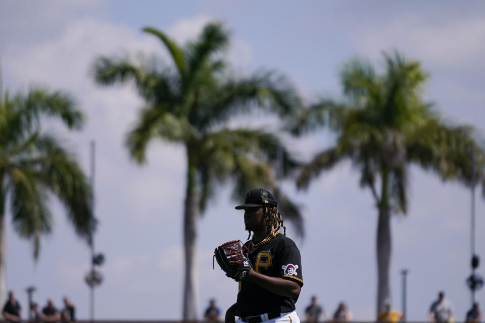 Pittsburgh Pirates starting pitcher Luis Ortiz (48) waits for the ball in the first inning during a spring training baseball game against the Baltimore Orioles, Tuesday, Feb. 28, 2023, in Bradenton, Fla. (AP Photo/Brynn Anderson)