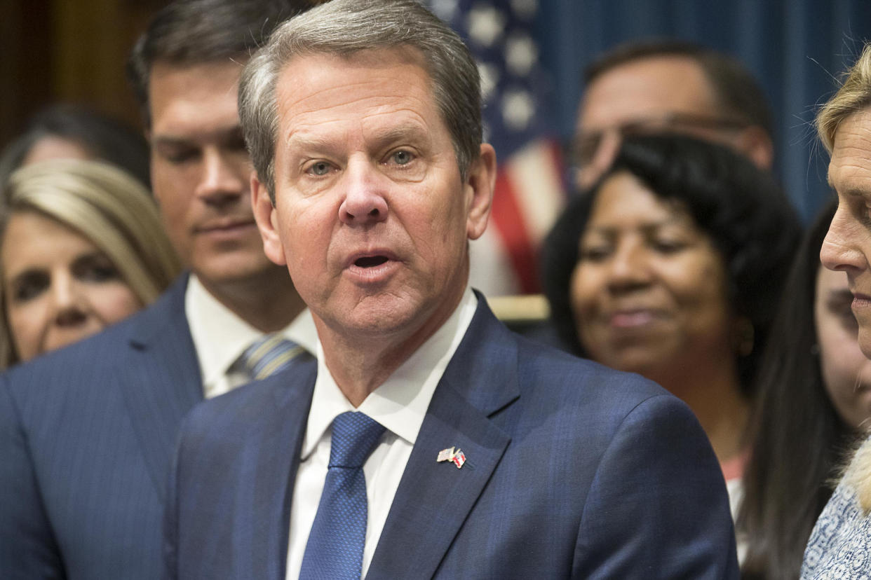 Georgia Governor Brian Kemp speaks after signing the controversial abortion law (Alyssa Pointer/Atlanta Journal-Constitution via AP)