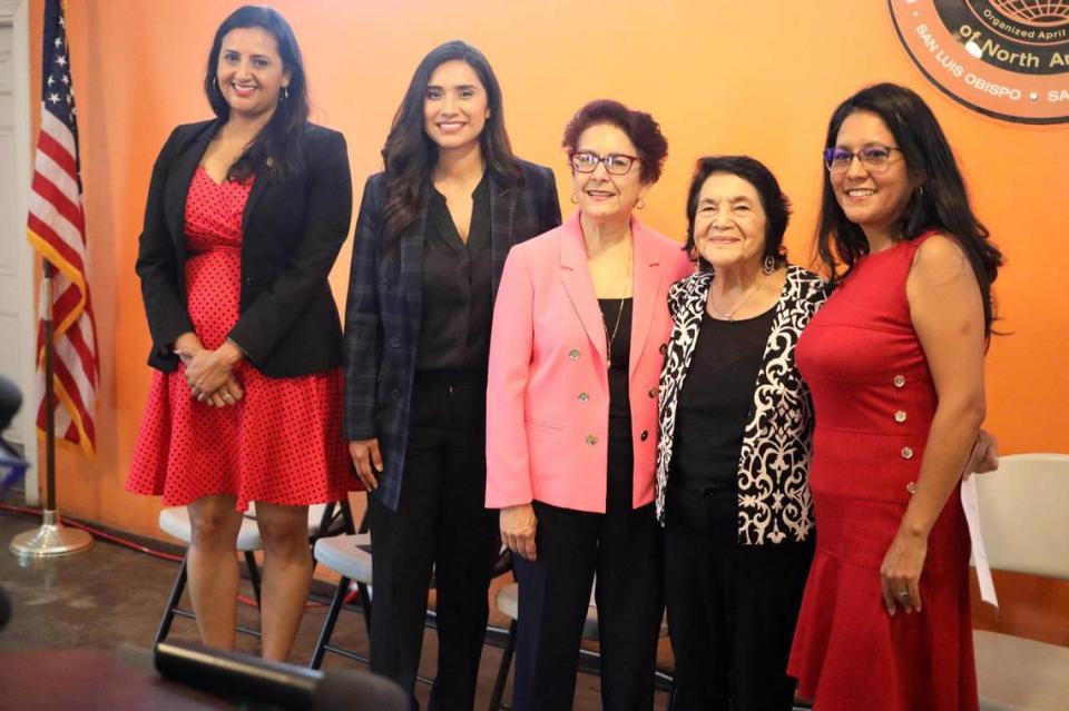 Assemblymember Dr. Jasmeet Bains, D-Delano, Assemblymember Sabrina Cervantes, chair of Latino Legislative Caucus, State Sen. Anna Caballero, D-Merced, with Dolores Huerta and her daughter, Camila Chávez, Tuesday, Sept. 19 in Bakersfield. The Dolores Huerta Peace and Justice Cultural Center received an additional $7 million from the State.