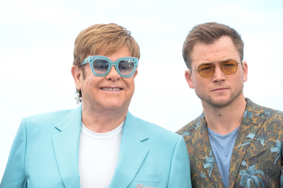 CANNES, FRANCE - MAY 17: Elton John and Taron Egerton attend the "Rocketman" Photocall during the 72nd annual Cannes Film Festival on May 17, 2019 in Cannes, France. (Photo by Stephane Cardinale - Corbis/Corbis via Getty Images)