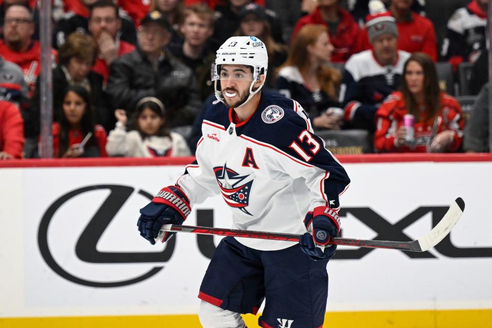 Columbus Blue Jackets left wing Johnny Gaudreau (13) in action during the second period of an NHL hockey game against the Washington Capitals, Sunday, Jan. 8, 2023, in Washington. (AP Photo/Terrance Williams)