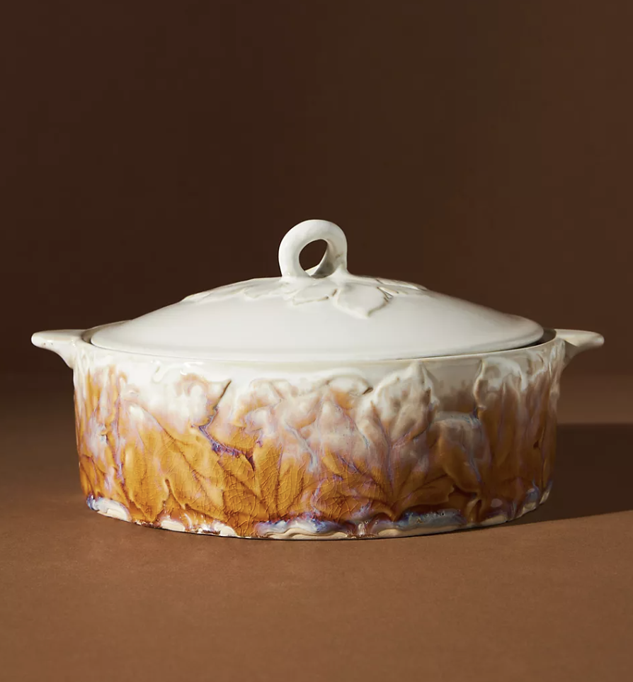 Morel Baking Dish with leaf motif on brown background (Photo via Anthropologie)