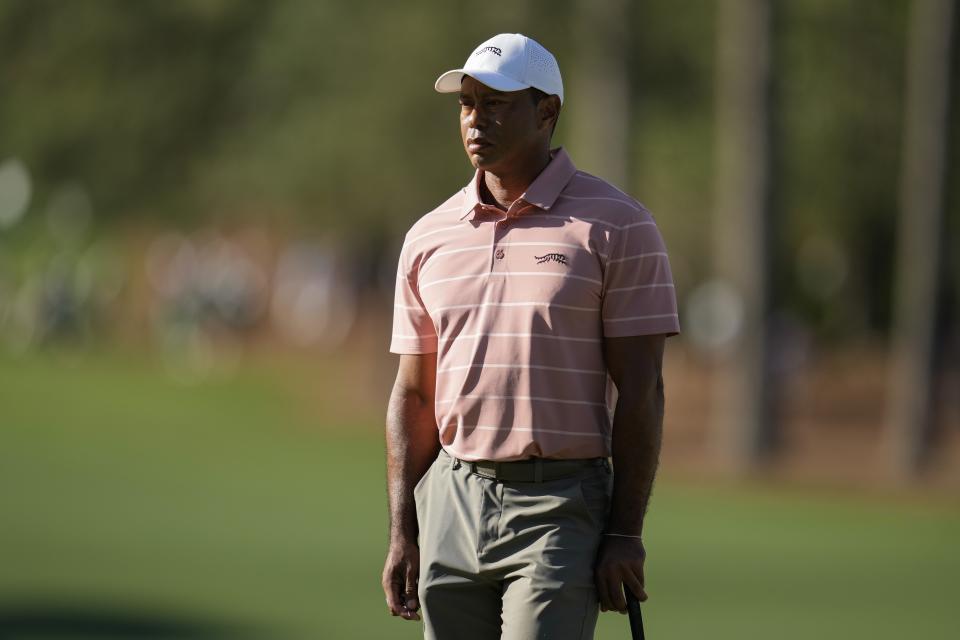 Tiger Woods waits to play on the seventh hole during the first round at the Masters golf tournament at Augusta National Golf Club Thursday, April 11, 2024, in Augusta, Ga. (AP Photo/Ashley Landis)