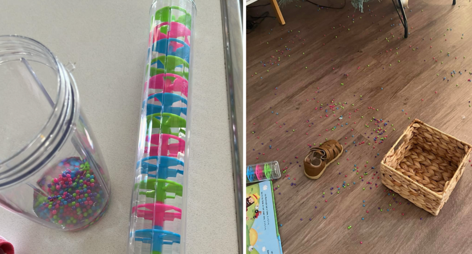 Broken Kmart Rainmaker Toy and beads; Beads spilled across floor