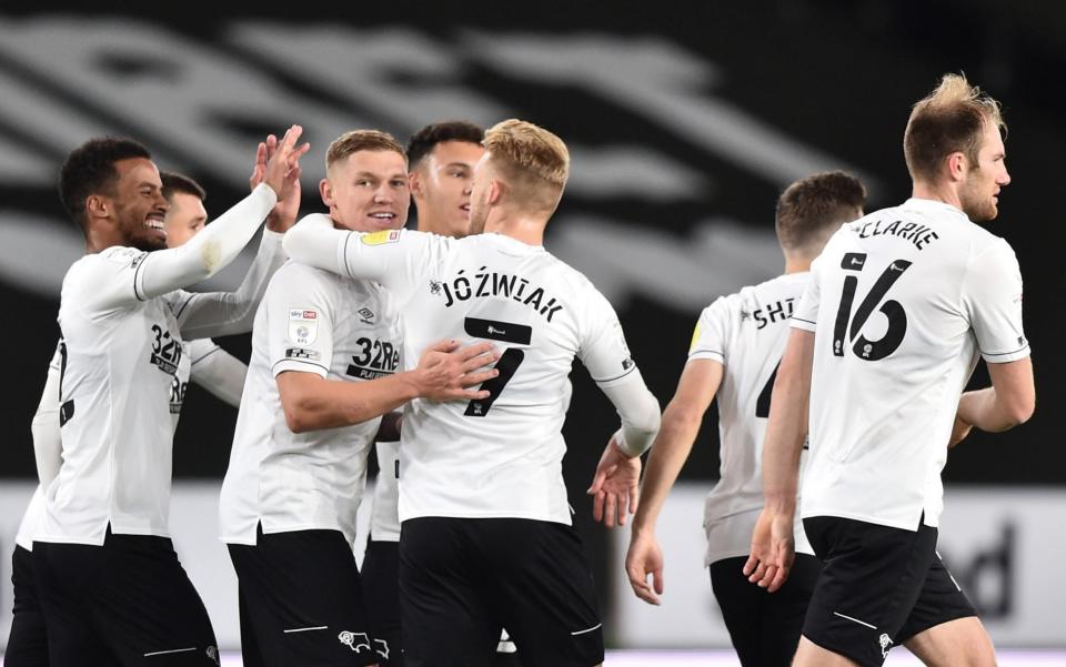 Martyn Waghorn of Derby County celebrates after he scores a free kick during the Sky Bet Championship match between Derby County and Cardiff City - GETTY IMAGES