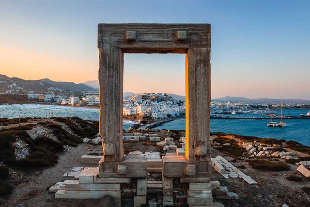 <p>Matteo Colombo/Getty Images</p> The Portara, an ancient gate above Naxos Harbor.