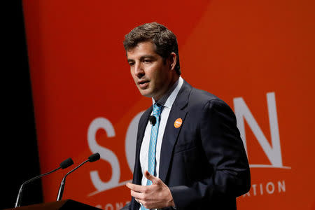 John Khoury, Founder and Managing Partner of Long Pond Capital LP, presents during the 2018 Sohn Investment Conference in New York City, U.S., April 23, 2018. REUTERS/Brendan McDermid